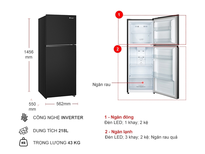 Tủ lạnh Casper inverter 218 lít RT-230PB - Thông số