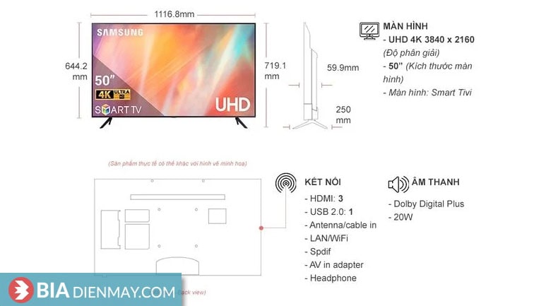 Smart Tivi Samsung 4K 50 inch UA50AU7700 - thông số
