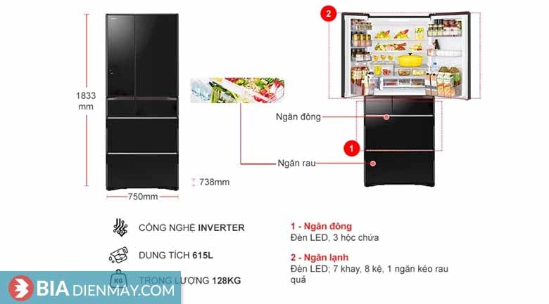 Tủ lạnh Hitachi Inverter 615 lít R-WX620KV(XK) - Model 2021