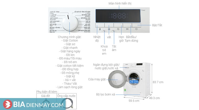 Máy giặt Samsung inverter 8 kg WW80T3020WW/SV - thông số