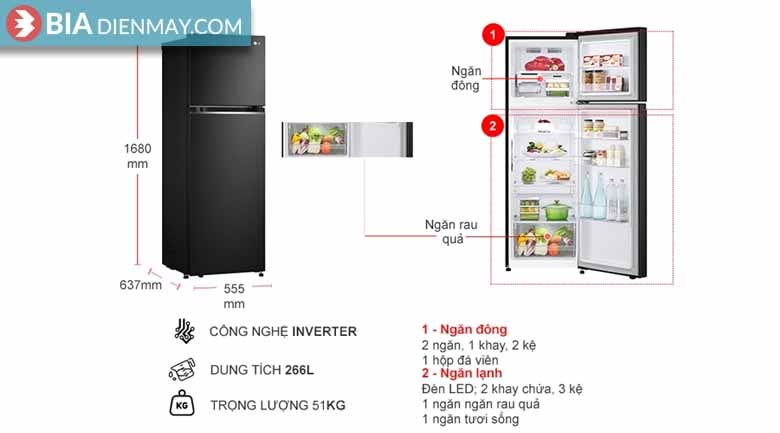 Tủ lạnh LG inverter 266 lít GV-B262BL