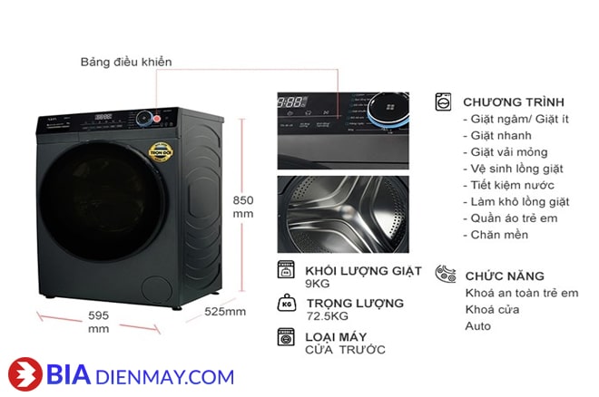 Thông Số Kỹ Thuật Máy Giặt Aqua AQD-D903G BK 9 Kg Inverter