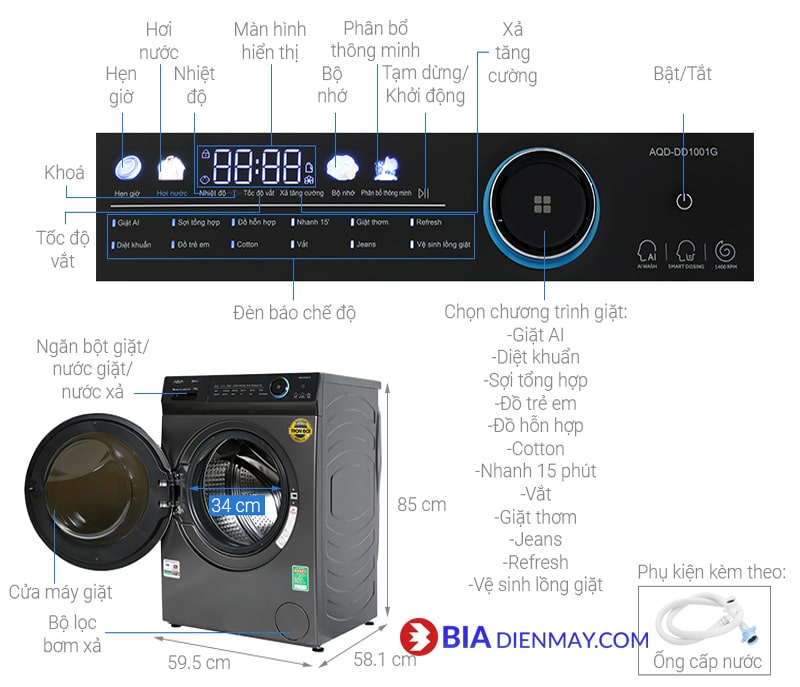 Thông số kỹ thuật Máy Giặt Aqua AQD-DD1001G PS