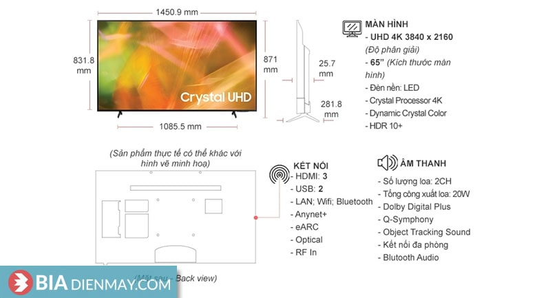 Smart Tivi Samsung 4K 65 inch UA65AU8000 - thông số