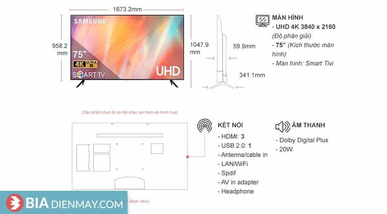 Smart Tivi Samsung 75 inch 4K UA75AU7700 - thông số