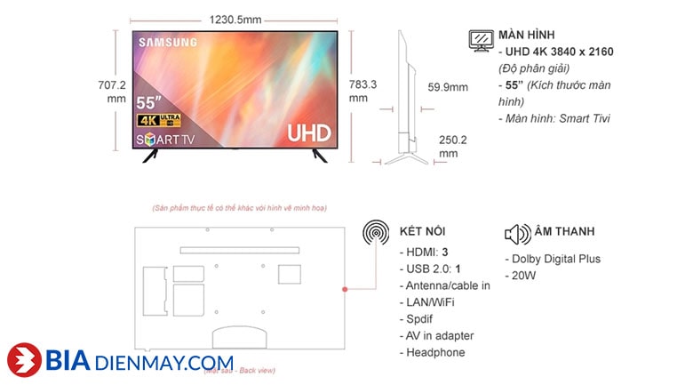 Smart Tivi Samsung 4K 55 inch UA55AU7700 - thông số