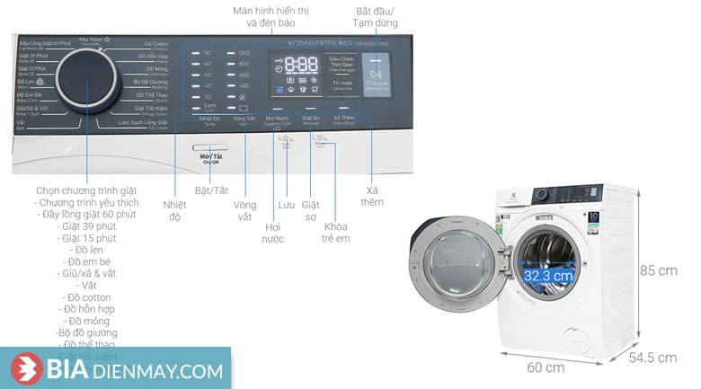 Máy giặt Electrolux inverter 8 kg EWF8024P5WB - thông số