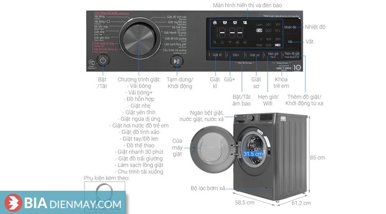 Máy giặt LG inverter 9 kg FV1409S4M - Thông số