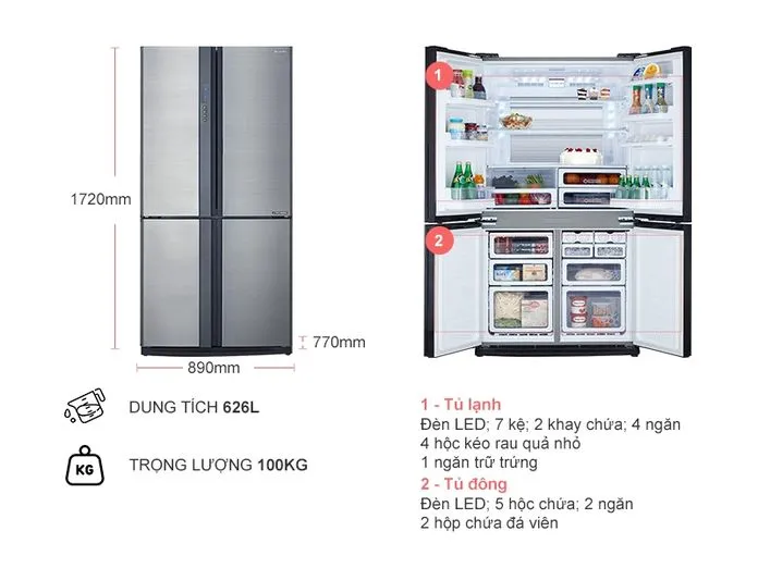 Thông số Tủ lạnh Sharp SJ-FX631V-SL 626 Lít J-Tech Inverter