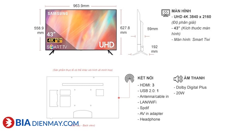 Smart Tivi Samsung 4K 43 inch UA43AU7700 - thông số