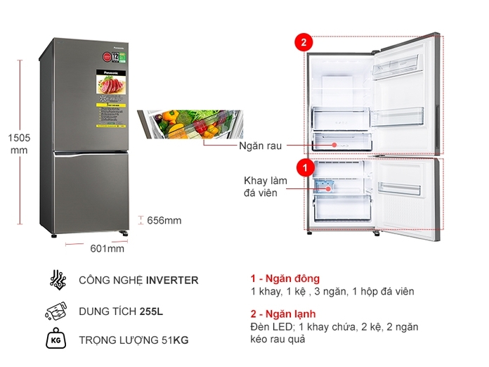 Thông số Tủ lạnh Panasonic NR-BV280QSVN Inverter 255 lít