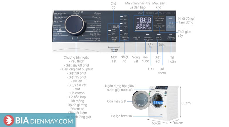 Máy giặt sấy Electrolux Inverter 9 kg EWW9024P5WB - thông số