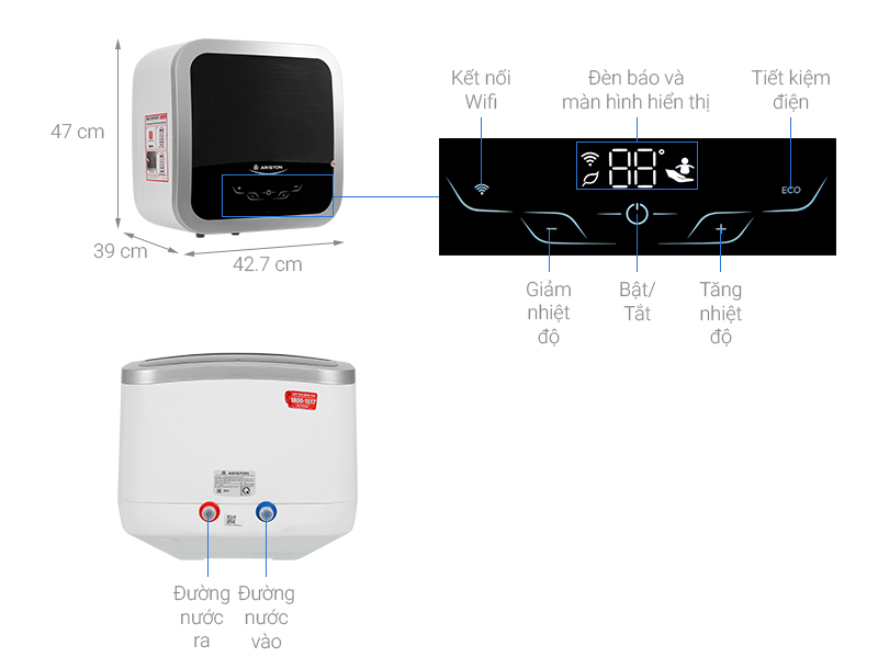 Thông số  Bình nóng lạnh Ariston ANDRIS2 TOP WIFI 30 Vuông 30 Lít 