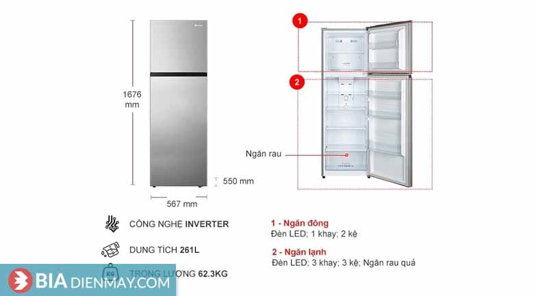 Tủ lạnh Casper inverter 261 lít RT-275VG - Thông số