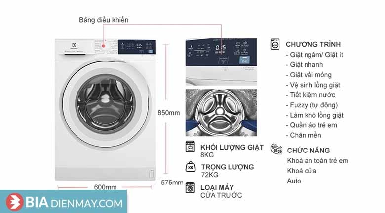 Máy giặt Electrolux inverter 8kg EWF8024D3WB - thông số