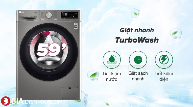 Máy giặt LG inverter 11 kg FV1411S4P - công nghệ giặt nhanh Turbo Wash