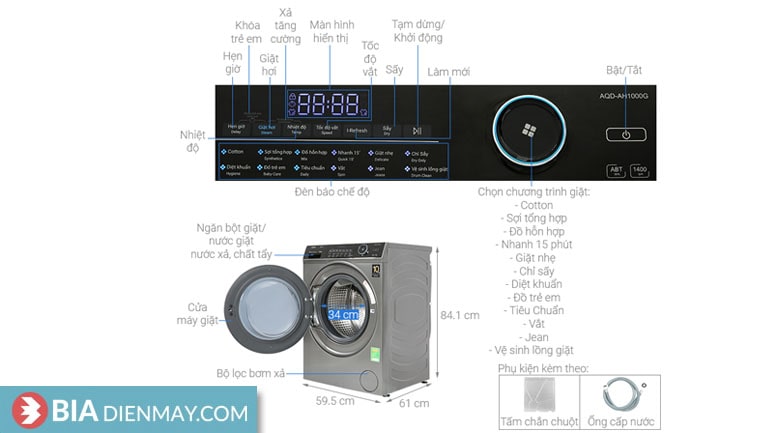 Máy Giặt Sấy Aqua inverter 10 kg AQD-AH1000G(PS) - Thông số