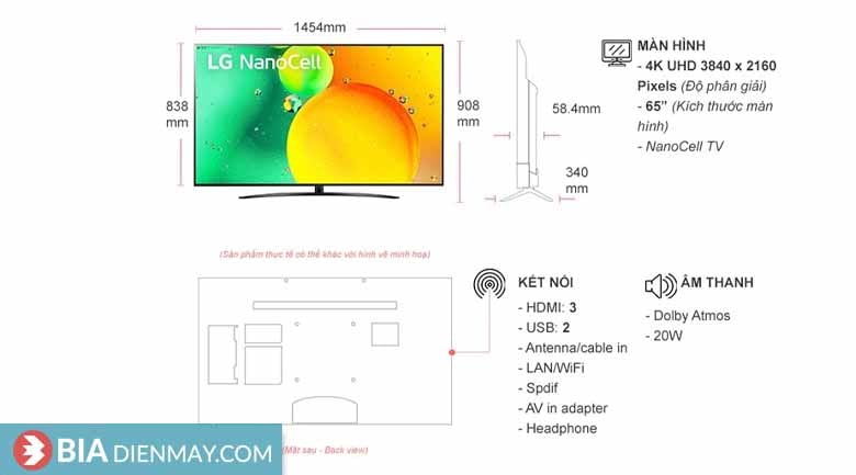 Smart Tivi NanoCell LG 4K 65 inch 65NANO76SQA - Model 2022 