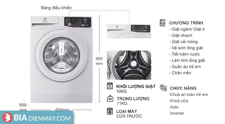 Máy giặt Electrolux inverter 10 kg EWF1025DQWB - Thông số