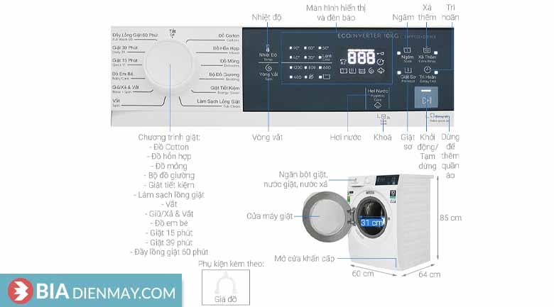 Máy giặt Electrolux inverter 10kg EWF1024D3WB - Thông số