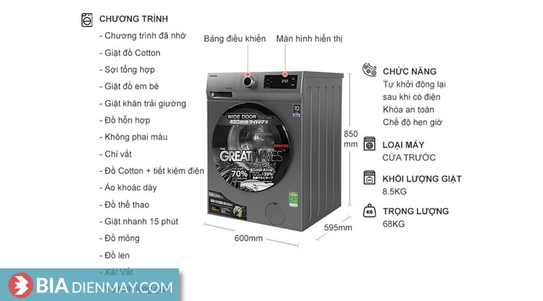 Máy giặt Toshiba Inverter 8.5 kg TW-BK95S3V(SK) - Thông số
