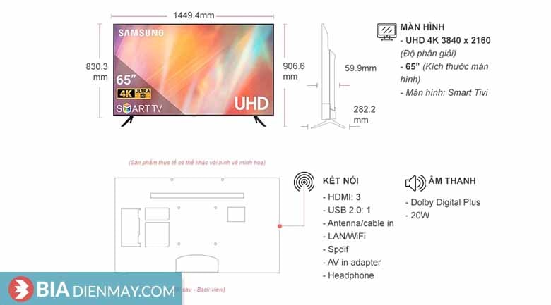 Smart Tivi Samsung 65 inch 4K UA65AU7700 - Model 2021 