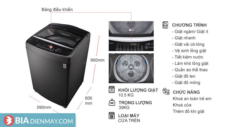 Máy giặt LG inverter 10.5 kg T2350VSAB - thông số