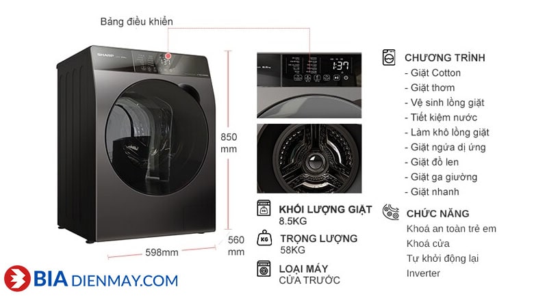 Máy giặt Sharp inverter 8.5 kg ES-FK852SV-G - thông số
