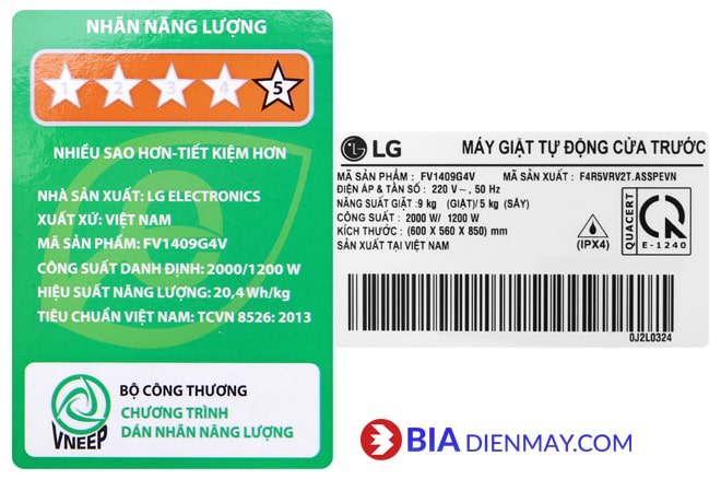 Máy giặt sấy LG inverter 9 kg FV1409G4V - Sấy 5 kg